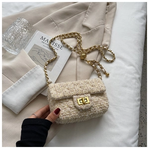 Detailed view of beige tweed mini crossbody bag with gold-tone chain and twist-lock