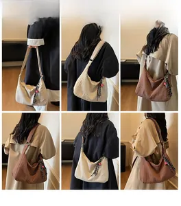 Collage of cream and coffee large tote bags in textured corduroy with woven pendants