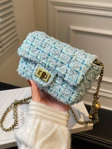 Women Tweed Chain Crossbody Bag Mini Square Flap Bag With Adjustable Gold Ball Strap Fashion Elegant Shoulder Bag