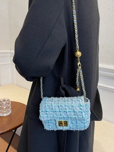 Mini light blue tweed chain crossbody bag for women with gold ball adjustment buckle