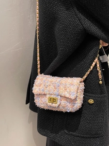 Mini tweed chain crossbody bag in macaron colors with golden rectangular twist lock