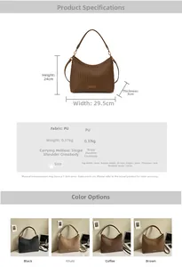 Detailed size specifications and material chart for the woven textured PU shoulder bag