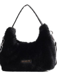 Furry black plush handbag for women with love every day tag and leather strap