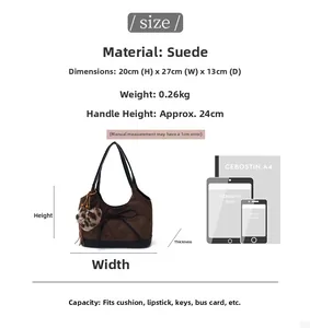 Brown suede shoulder bag size comparison with iPad showing interior storage capacity