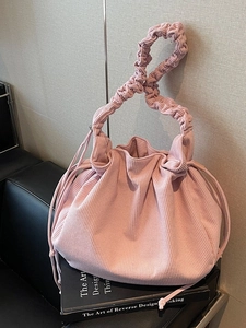 Rosa Cord-Wolken-Tasche mit gerafftem Griff und Kordelzug-Verschluss für Damen