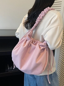 Rosa Cord-Schultertasche mit Falten, Kordelzug und gerüschtem Riemen für Damen