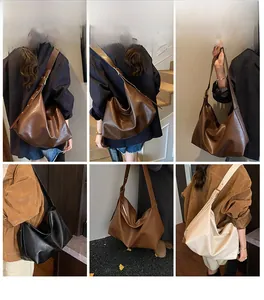 Detailed views of high-capacity soft PU leather tote bags in multiple colors