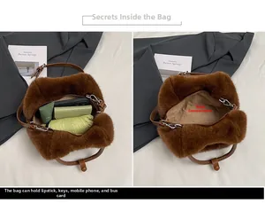Detail view of brown faux mink fur bag showing spacious main pocket and texture