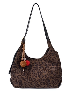 Vintage leopard print tote bag with plush pompom charms and slim black shoulder straps
