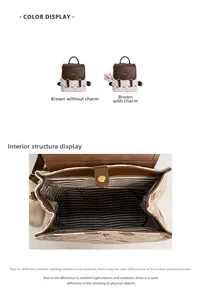 Détail de l'intérieur du sac à dos vintage avec doublure rayée et rabat en similicuir