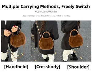 Brown faux fur plush handbag with round handles shown in hand-carry and crossbody styles