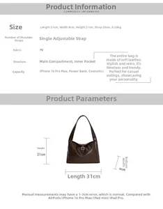 Size chart showing large capacity dimensions and PU material for this crescent hobo bag