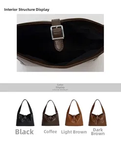 Detail of minimalist leather tote bag interior and four-color display with buckle