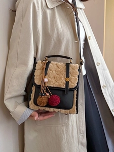 Fashionable black faux leather and plush heart-patterned small backpack for women
