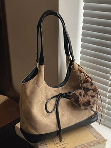 Vintage Women PU Leather Shoulder Bucket Bag Leopard Print Quilted Hobo Bag With Bow Plush Charm Commuting Fashion Handbag