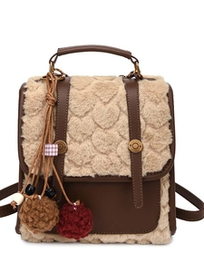 Vintage small leather backpack with beige heart pattern plush trim and plush ball charm