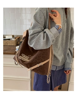 Detail of leopard print tote bag with cartoon embroidery and metal chain strap decoration