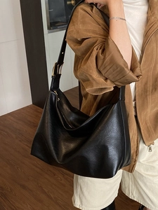 Modern black soft leather large capacity hobo bag with adjustable gold buckle and zipper