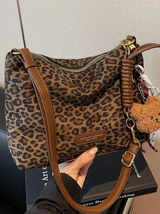 Women Retro Leopard Print PU Leather Tote Bag Fashion Crossbody Bag With Bear Charm And Scarf Decor Versatile Shoulder Bag