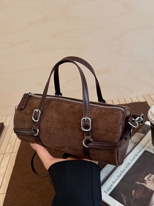 Vintage PU Leather And Suede Barrel Bag For Women Retro Cylindrical Crossbody Handbag With Silver Hardware Daily Fashion Bag