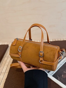 Retro caramel cylinder bag in matte and smooth faux leather with dual top handles