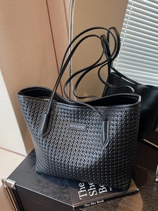 Black woven tote bag for women with large capacity and stylish thin shoulder straps
