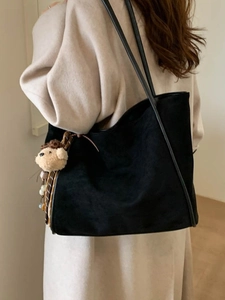Large black suede tote bag with shoulder straps and cute teddy bear charm for women