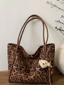 Large leopard print tote bag for women with plush bear charm and brown handles