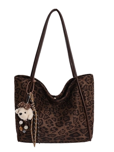 Brown leopard print tote bag with large capacity and cute plush dog pendant accessory