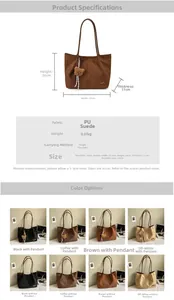 Detailed view of large matte suede tote bag with bear charm and size specifications