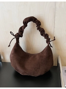 Vintage dark brown suede crescent bag with ruched handle and side drawstring details