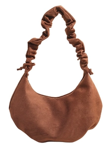 Retro brown suede crescent dumpling bag with pleated handle and minimalist slouchy design
