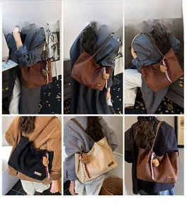 Collage of multi-color suede tote bags with bear pendant and dual thin shoulder straps