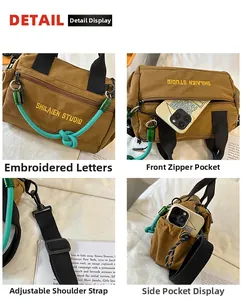 Detail view of brown sport crossbody bag with embroidery and functional side pockets