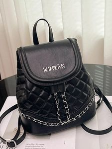 Women Quilted Bucket Backpack Fashion PU Leather Silver Chain Drawstring Small Travel School Bag Stitching Backpack