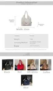 Vista dettagliata della borsa tote in velluto a coste con dimensioni e cinque colori