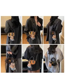 Collage of model wearing a stylish Boston pillow bag with a bear charm and gold metal tag
