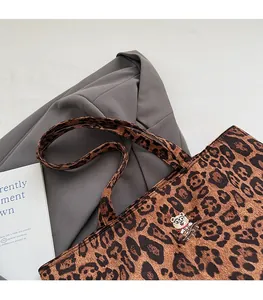 Detail of comfortable shoulder strap and bear embroidery on leopard tote bag