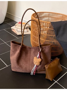 Large dark brown suede tote bag with teddy charm and matching purse for women