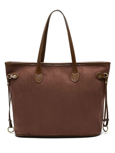 Deep brown matte tote bag with polished trim and gold rings on a white background