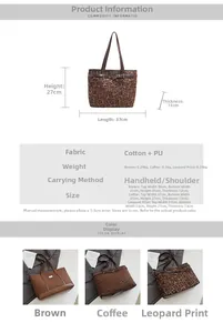 Tableau des tailles détaillé pour sac fourre-tout léopard avec dimensions et matières