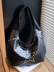 Vintage PU Leather Hobo Bag For Women Large Capacity Shoulder Bag With Silver Rivet Star Pattern Retro Slouchy Tote Bag