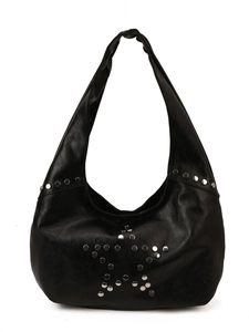 Retro black faux leather hobo bag with silver metal studs in a star pattern