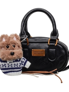 Elegant black mini Boston bag with a cute puppy pendant and vintage gold hardware