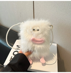 Detail shot of a white plush cartoon shoulder bag with soft fur and pink feet