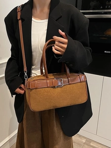 Retro brown suede and leather bucket bag with top handle and adjustable strap for women