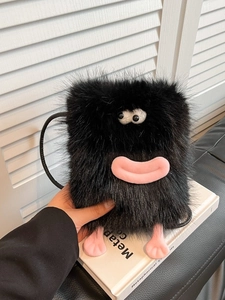 Furry black monster crossbody bag with pink lips and long fur for women