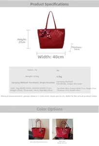 Detailed size chart of burgundy quilted tote bag with 40x27x14cm dimensions and PU texture