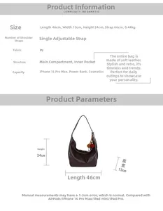 Detailed size chart for large PU leather tote bag including 46x13x24cm dimensions