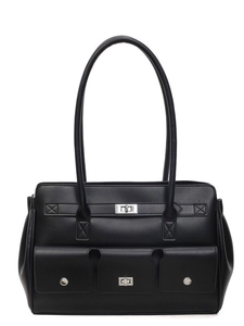 Retro black leather tote bag with three front utility pockets and silver buckle hardware